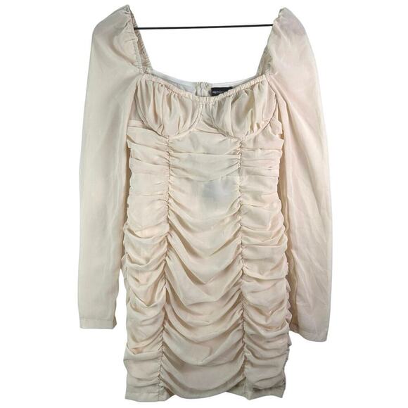 Cream Ruched Long Sleeve Mini Prom Dress Sheer Sleeves Square Neck‎ Bodycon Sz S - Picture 4 of 16